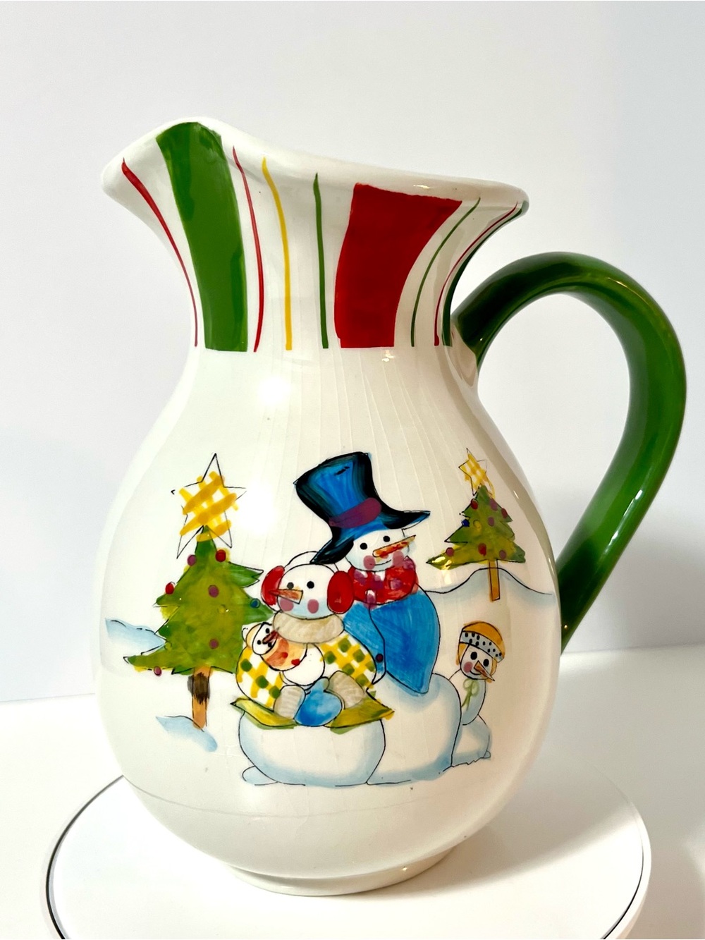 Festive Snowman Holiday Pitcher - Green & Red 9”